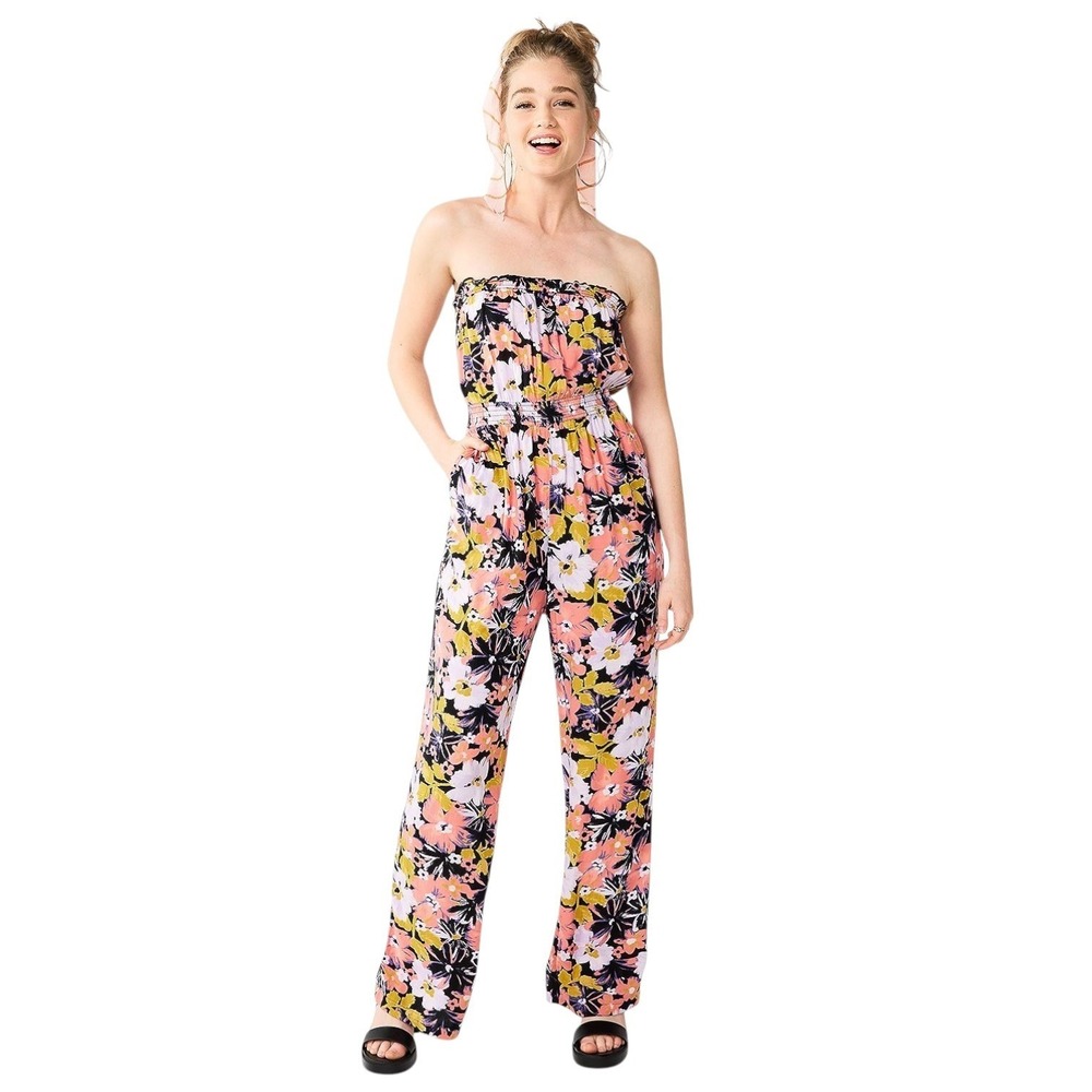 SO Bohemian Tropical Floral Jumpsuit Smocked Wide Leg Pink Purple Womens XXL NWT